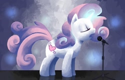 Size: 1500x953 | Tagged: safe, artist:reuniclus, character:sweetie belle, species:pony, species:unicorn, alternate cutie mark, eyes closed, female, filly, glowing horn, microphone, music, old cutie mark, singing, solo, stage