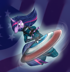 Size: 4404x4518 | Tagged: safe, artist:vicse, character:twilight sparkle, species:anthro, absurd resolution, action pose, captain america, clothing, female, marvel, parody, shield, solo