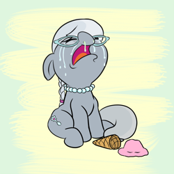 Size: 1000x1000 | Tagged: safe, artist:midnight-wizard, character:silver spoon, species:earth pony, species:pony, crying, cute, eyes closed, female, floppy ears, ice cream, open mouth, sad, silverbetes, sitting, snot, solo