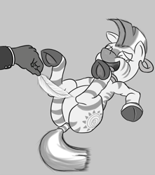Size: 885x1000 | Tagged: safe, artist:midnight-wizard, character:zecora, species:zebra, belly, crying, feather, featureless crotch, female, grayscale, hand, laughing, legs in air, monochrome, on back, open mouth, smiling, solo, tickling, underhoof