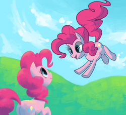 Size: 1100x1000 | Tagged: dead source, safe, artist:reuniclus, character:pinkie pie, species:earth pony, species:pony, g4, cloud, duality, duo, female, happy, looking at each other, mare, ponidox, self ponidox, smiling, solo