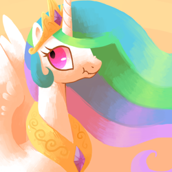 Size: 600x600 | Tagged: dead source, safe, artist:reuniclus, character:princess celestia, species:alicorn, species:pony, bust, crown, female, gradient background, jewelry, liar face, liarlestia, liarpony, looking away, looking back, mare, nose wrinkle, regalia, scrunchy face, solo, spread wings, wide eyes, wings