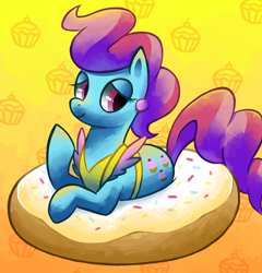 Size: 816x851 | Tagged: dead source, safe, artist:reuniclus, character:cup cake, species:earth pony, species:pony, g4, apron, clothing, cute, donut, earring, featured on derpibooru, female, food, looking back, looking down, mare, prone, sexy, smiling, solo, sprinkles