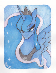 Size: 900x1166 | Tagged: safe, artist:trefleix, character:princess luna, species:alicorn, species:pony, bust, crown, ethereal mane, female, galaxy mane, jewelry, lidded eyes, regalia, solo, traditional art, watercolor painting