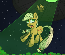 Size: 900x765 | Tagged: safe, artist:manicpanda, character:applejack, abduction, alien, alien abduction, clothing, female, flailing, hat, solo, ufo