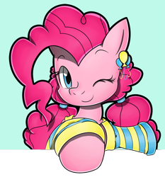 Size: 1500x1609 | Tagged: safe, artist:flam3zero, character:pinkie pie, alternate hairstyle, clothing, cute, diapinkes, ear piercing, earring, female, jewelry, piercing, pigtails, smiling, solo, style emulation, wink, yuji uekawa style