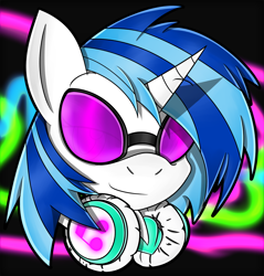 Size: 1500x1566 | Tagged: safe, artist:flam3zero, character:dj pon-3, character:vinyl scratch, bedroom eyes, clothing, female, headphones, looking at you, portrait, smiling, solo, style emulation, yuji uekawa style