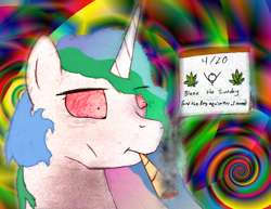 Size: 2450x1894 | Tagged: safe, artist:xulious, character:princess celestia, 420, :t, calendar, drugs, easter, female, high, marijuana, pot, praise the sun, psychedelic, smoke, smoke weed erryday, smoking, solo, stick figure, trippy, wide eyes