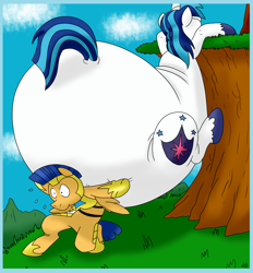 Size: 2152x2320 | Tagged: safe, artist:virus-20, character:flash sentry, character:shining armor, species:pegasus, species:pony, species:unicorn, bhm, bottom heavy, fat, holding, impossibly large butt, male, plot, shieldbutt, shining blubber, stallion, sweat, the ass was fat