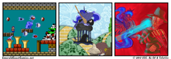 Size: 950x330 | Tagged: safe, artist:gx, artist:tofutiles, character:princess luna, species:alicorn, species:human, species:pony, amphibian, cowardly lion, crossover, dorothy, dream walker luna, falcon kick, freddy krueger, horsepower, kicking, mario, mouth hold, nightmare on elm street, phanto, super mario bros., super mario bros. 2, the wizard of oz, tin man, toad, wart, wicked witch of the west, wings