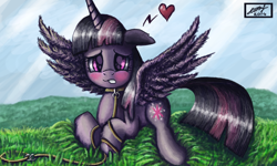 Size: 854x512 | Tagged: safe, artist:dreamyskies, character:twilight sparkle, character:twilight sparkle (alicorn), species:alicorn, species:pony, 3ds, blushing, collar, female, heart, heart eyes, horn, leash, mare, pet play, scenery, shy, solo, wingding eyes, wings