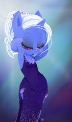 Size: 720x1224 | Tagged: dead source, safe, artist:yuji8sushi, character:trixie, species:pony, species:unicorn, alternate hairstyle, ambiguous facial structure, arm behind head, armpits, clothing, dress, female, hooves, lipstick, little black dress, semi-anthro, solo