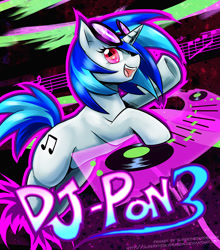 Size: 1047x1188 | Tagged: safe, artist:slifertheskydragon, character:dj pon-3, character:vinyl scratch, species:pony, species:unicorn, cutie mark, female, hooves, horn, mare, open mouth, psychedelic, record, smiling, solo, sunglasses, teeth, text, turntable