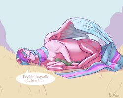 Size: 1508x1200 | Tagged: safe, artist:nivrozs, character:twilight sparkle, character:twilight sparkle (alicorn), oc, oc:anon, species:alicorn, species:pony, cuddling, female, giant pony, mare, my big pony, on back, on side, shade, size difference, snuggling, spread wings, warm, wings