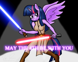 Size: 1576x1256 | Tagged: safe, artist:sonigoku, character:twilight sparkle, character:twilight sparkle (alicorn), species:alicorn, species:anthro, breasts, busty twilight sparkle, cosplay, crossover, female, jedi, lightsaber, may the fourth be with you, pun, solo, star wars