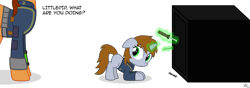 Size: 8000x2805 | Tagged: safe, artist:starlessnight22, oc, oc only, oc:littlepip, oc:littlepip's mother, species:pony, species:unicorn, fallout equestria, blank flank, clothing, fallout, fanfic, fanfic art, female, filly, floppy ears, glowing horn, hooves, horn, levitation, littlepip's mother, magic, mare, pipbuck, safe (object), simple background, telekinesis, transparent background, vault suit