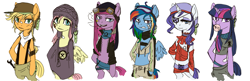 Size: 2717x885 | Tagged: safe, artist:facerenon, character:applejack, character:fluttershy, character:pinkie pie, character:rainbow dash, character:rarity, character:twilight sparkle, species:pony, badass, bandaid, beanie, bipedal, cigarette, clothing, eyepatch, fashion, goggles, hat, line-up, mane six, midriff, piercing, semi-anthro