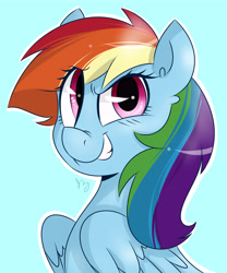 Size: 5000x6000 | Tagged: safe, artist:bloodyhellhayden, character:rainbow dash, species:pegasus, species:pony, absurd resolution, blue background, female, mare, portrait, simple background, smiling, solo