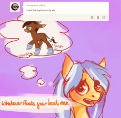 Size: 1280x1242 | Tagged: safe, artist:tracymod, character:shutterfly, oc, oc:anon, species:donkey, ask, ask tracy flash, boots, pun, tail bow, tumblr, visual gag, vulgar