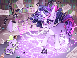 Size: 800x602 | Tagged: safe, artist:raspbearyart, character:spike, character:twilight sparkle, species:dragon, species:pony, species:unicorn, g4, baby spike, book, duo, female, filly, filly twilight sparkle, ink, jewel, library, magic, magic circle, male, reaching, younger