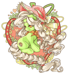 Size: 800x840 | Tagged: safe, artist:raspbearyart, character:granny smith, species:earth pony, species:pony, clothing, colored pupils, female, filly, hat, looking back, sitting, solo, young granny smith