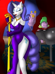 Size: 2440x3273 | Tagged: safe, artist:collinscorpio, character:rarity, character:spike, species:anthro, breasts, cleavage, high res