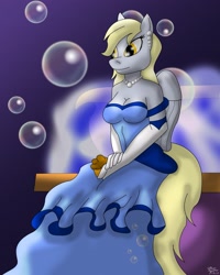 Size: 2541x3172 | Tagged: safe, artist:collinscorpio, character:derpy hooves, species:anthro, breasts, bubble, busty derpy hooves, clothing, dress, earring, female, fountain, gloves, gown, high res, jewelry, muffin, necklace