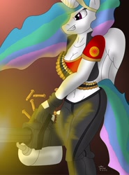 Size: 2415x3265 | Tagged: safe, artist:collinscorpio, character:princess celestia, species:anthro, species:plantigrade anthro, clothing, female, heavy weapons guy, high res, minigun, parody, shooting, solo, team fortress 2