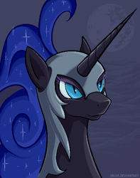 Size: 475x602 | Tagged: safe, artist:marbleyarns, character:nightmare moon, character:princess luna, bust, female, mare in the moon, moon, portrait, solo