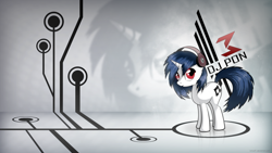 Size: 1920x1080 | Tagged: safe, artist:itsjustred, artist:romus91, character:dj pon-3, character:vinyl scratch, species:pony, species:unicorn, cutie mark, female, headphones, hooves, horn, mare, solo, sunglasses, text, vector, wallpaper