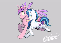 Size: 4093x2894 | Tagged: dead source, safe, artist:psychoon, character:princess cadance, character:shining armor, ship:shiningcadance, :t, cute, cutedance, eye contact, female, gleamibetes, gleaming bolero, gleaming shield, male, prince bolero, rule 63, rule63betes, running, shining adorable, shipping, smiling, spread wings, straight, wings