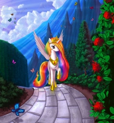 Size: 2074x2235 | Tagged: safe, artist:alexmakovsky, character:princess celestia, species:alicorn, species:pony, alternate hairstyle, butterfly, female, flower, garden, hair over one eye, high res, mare, rainbow hair, rose, scenery, solo, walking