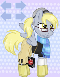 Size: 419x541 | Tagged: source needed, safe, artist:flutteriot, character:derpy hooves, species:pegasus, species:pony, atheism, book, clothing, fedora shaming, female, hat, knife, mare, neckbeard, pants, scarf, solo, trilby