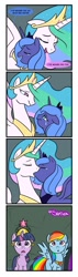 Size: 546x1920 | Tagged: safe, artist:mr-samson, character:princess celestia, character:princess luna, character:rainbow dash, character:twilight sparkle, species:alicorn, species:pegasus, species:pony, species:unicorn, ship:princest, episode:friendship is magic, g4, my little pony: friendship is magic, big crown thingy, blushing, comic, crying, element of loyalty, eyes closed, female, incest, kissing, lesbian, mare, open mouth, s1 luna, scene parody, shipping, smiling, wingboner
