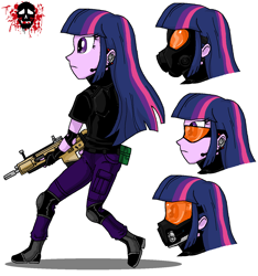 Size: 1323x1414 | Tagged: safe, artist:emichaca, character:twilight sparkle, my little pony:equestria girls, boots, call of duty, female, gas mask, gun, headset, hmd, humanized, mask, military, solo