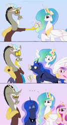 Size: 749x1400 | Tagged: safe, artist:celestiathegreatest, character:discord, character:princess cadance, character:princess celestia, character:princess luna, species:pony, ship:dislestia, g4, ..., :i, annoyed, anti-shipping, bouquet, crossed arms, cute, discute, eating, eyes closed, female, flower, frown, glare, gritted teeth, happy, herbivore, horses doing horse things, hungry, jewelry, lunabetes, male, mare, nom, open mouth, profile, puffy cheeks, regalia, scene parody, shipping, smiling, spread wings, straight, surprised, three quarter view, wide eyes, wings