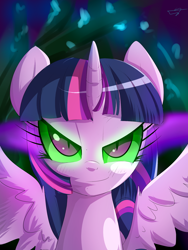 Size: 1500x2000 | Tagged: safe, artist:kyodashiro, character:twilight sparkle, character:twilight sparkle (alicorn), species:alicorn, species:pony, bust, corrupted, corrupted twilight sparkle, dark magic, female, magic, mare, solo, sombra eyes, spread wings, tyrant sparkle, wings