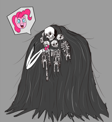 Size: 900x979 | Tagged: safe, artist:midnight-wizard, character:pinkie pie, species:pony, crossover, dark souls, gravelord nito, happy, holding a pony, in goliath's palm, open mouth, pictogram, skeleton, skull, smiling, tiny ponies