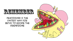 Size: 900x508 | Tagged: safe, artist:krampuskind, character:fluttershy, ambiguous gender, bad advice fluttershy, exploitable meme, friendzone, frog, meme, peacocking, simple background, solo, species swap, teeth, text, toad, wat, white background
