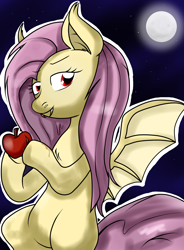 Size: 1024x1388 | Tagged: safe, artist:stockingstreams, character:flutterbat, character:fluttershy, species:bat pony, species:pony, apple, apple juice, fangs, female, looking at you, moon, night, race swap, solo