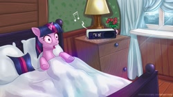 Size: 1360x768 | Tagged: safe, artist:alexmakovsky, character:twilight sparkle, species:pony, bed, bloodshot eyes, female, groundhog day, mare, morning ponies, music notes, parody, pillow, solo, window