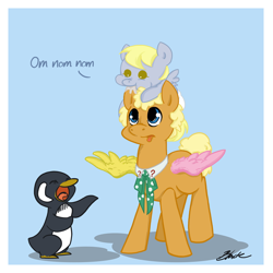 Size: 800x800 | Tagged: safe, artist:caycowa, character:derpy hooves, character:doctor whooves, character:time turner, species:penguin, species:pony, baby, baby pony, foal, frobisher, ponified, sixth doctor, the doctor