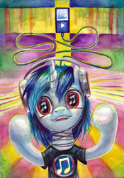 Size: 1637x2335 | Tagged: safe, artist:kaermter, character:dj pon-3, character:vinyl scratch, species:pony, bipedal, color porn, female, music player, psychedelic, solo, surreal, traditional art, wires