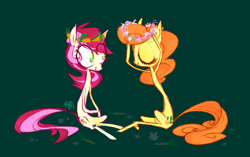 Size: 1248x782 | Tagged: dead source, safe, artist:yuji8sushi, character:carrot top, character:golden harvest, character:roseluck, species:earth pony, species:pony, ship:carrotluck, crown, cute, cutie top, female, floral head wreath, flower, lesbian, shipping, sitting