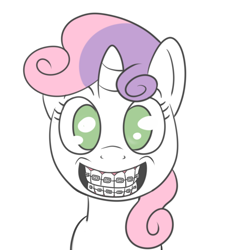Size: 900x1000 | Tagged: safe, artist:midnight-wizard, character:sweetie belle, braces, female, grin, looking at you, portrait, smiling, solo