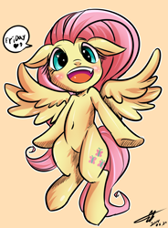 Size: 2800x3800 | Tagged: safe, artist:kyodashiro, character:fluttershy, belly button, dialogue, female, friday, happy, simple background, solo, speech bubble