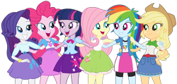Size: 8155x3895 | Tagged: safe, artist:shiiazu, character:applejack, character:fluttershy, character:pinkie pie, character:rainbow dash, character:rarity, character:twilight sparkle, episode:a perfect day for fun, equestria girls:rainbow rocks, g4, my little pony: equestria girls, my little pony:equestria girls, absurd resolution, bracelet, clothing, compression shorts, cowboy hat, denim skirt, freckles, group, hat, humane six, looking at each other, open mouth, simple background, skirt, smiling, stetson, transparent background, vector
