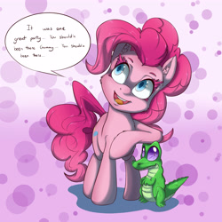 Size: 5000x5000 | Tagged: safe, artist:vicse, character:gummy, character:pinkie pie, absurd resolution, dialogue, eye lashes, pet, speech bubble