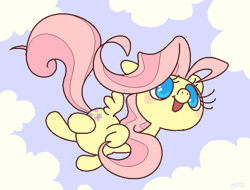 Size: 601x457 | Tagged: safe, artist:hamigaki-momo, character:fluttershy, species:pegasus, species:pony, cloud, cloudy, female, flying, mare, open mouth, sky, smiling, solo, spread wings, wings