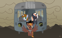 Size: 1600x980 | Tagged: safe, artist:starlessnight22, oc, oc only, oc:calamity, oc:littlepip, oc:velvet remedy, species:pegasus, species:pony, species:unicorn, fallout equestria, clothing, fallout, fanfic, fanfic art, female, hat, male, mare, sky bandit, skywagon, stallion, vault suit
